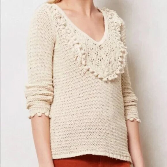Anthropologie Angel of the North Tonetta Beige Knit V-Neck Sweater size small - Picture 3 of 10